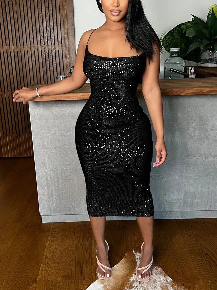 Sequins Backless Spaghetti Strap Dresses