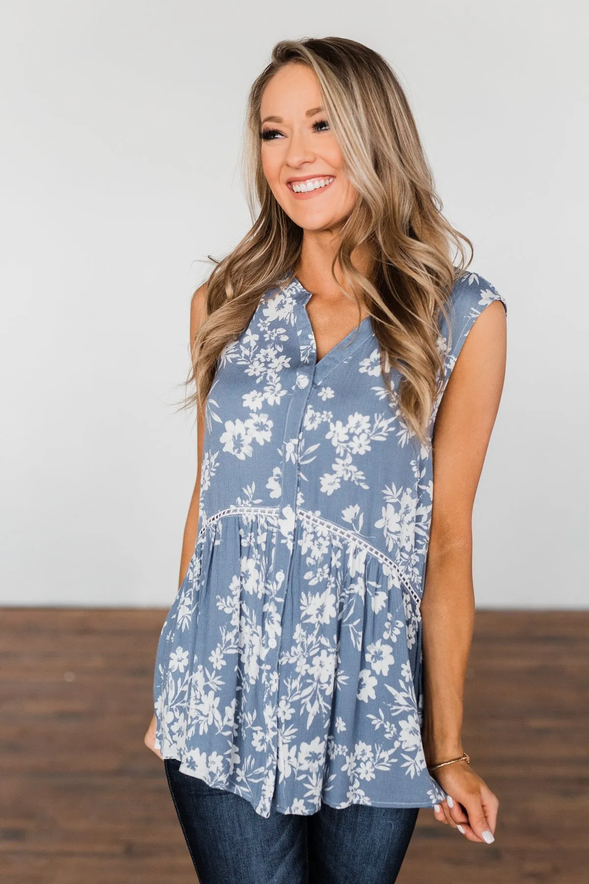 Set Me Free Floral Babydoll Tank Top- Dusty Blue