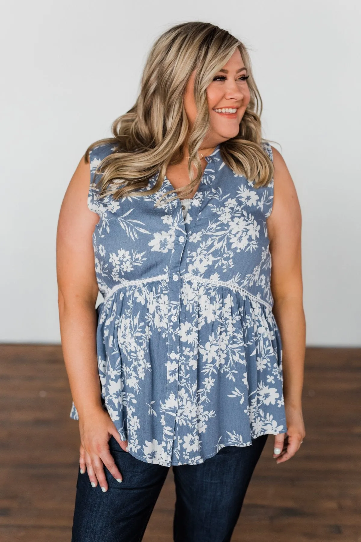 Set Me Free Floral Babydoll Tank Top- Dusty Blue