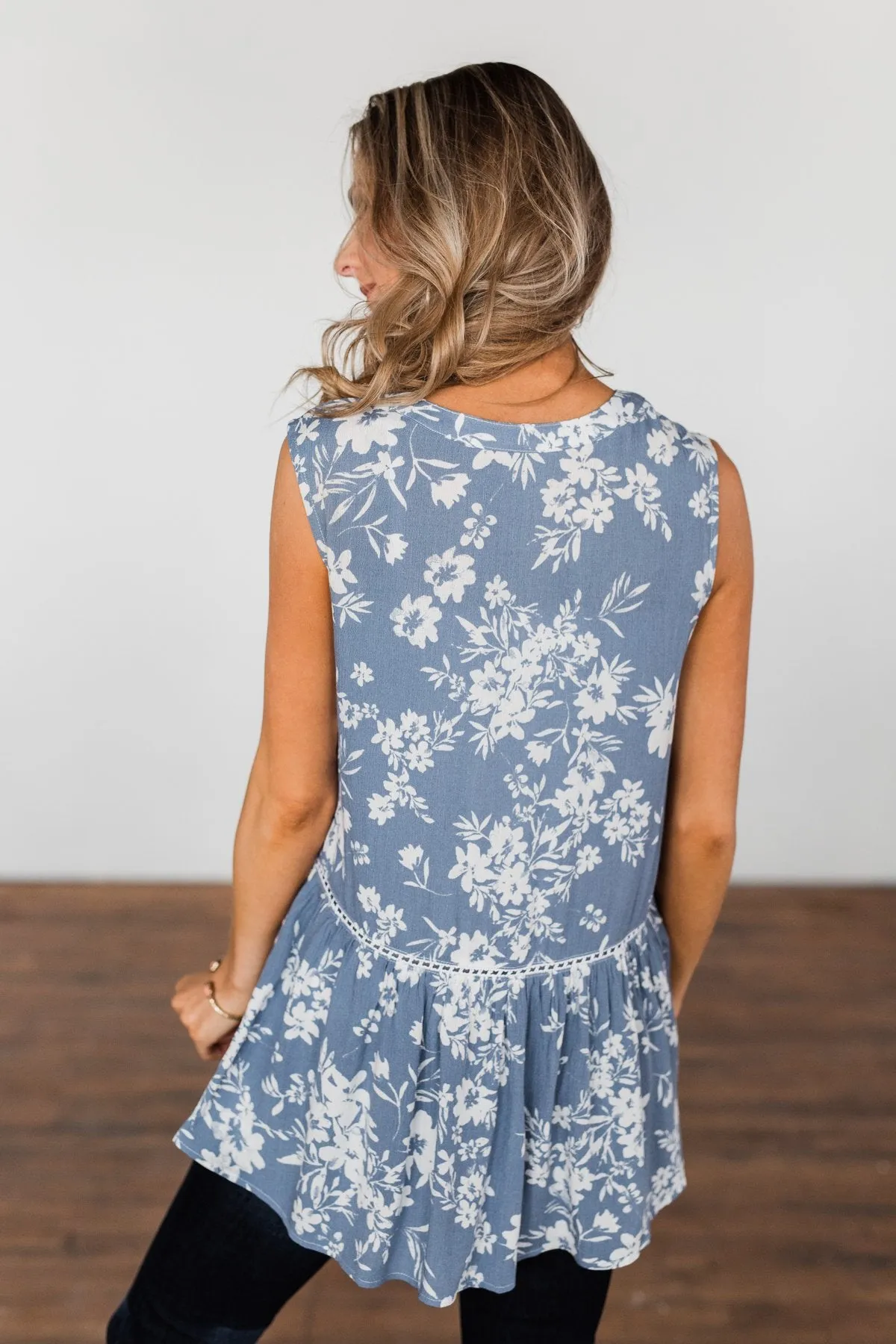 Set Me Free Floral Babydoll Tank Top- Dusty Blue