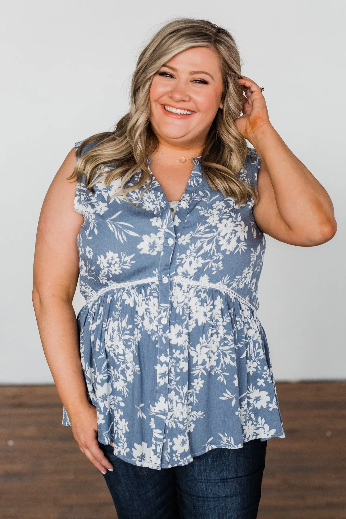 Set Me Free Floral Babydoll Tank Top- Dusty Blue
