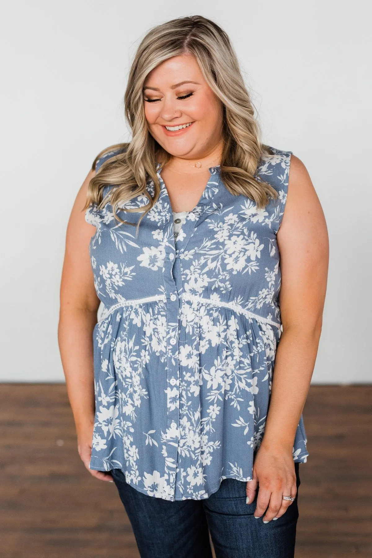 Set Me Free Floral Babydoll Tank Top- Dusty Blue
