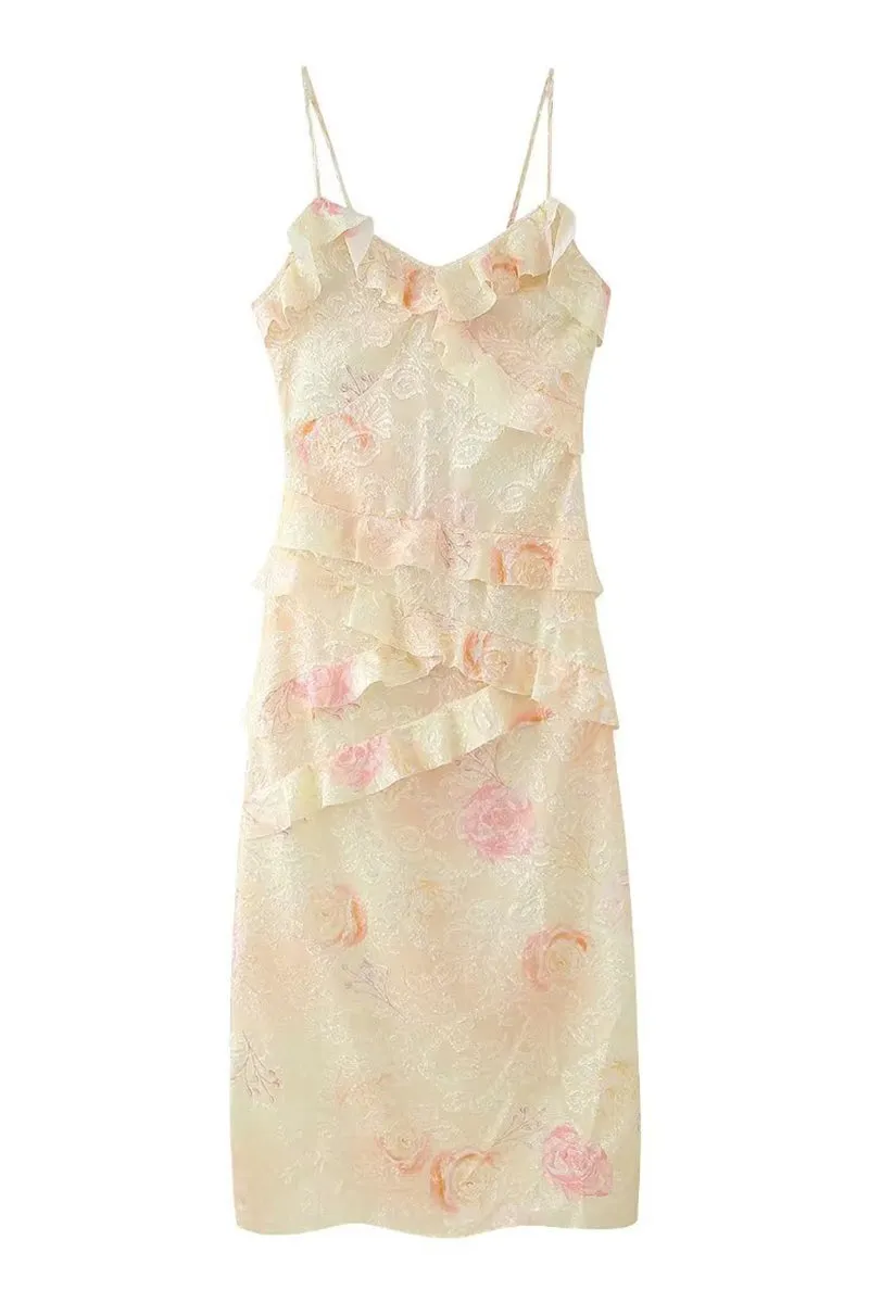 Sexy Celebrities Gradual Change Print Flounce V Neck One Step Skirt Dresses
