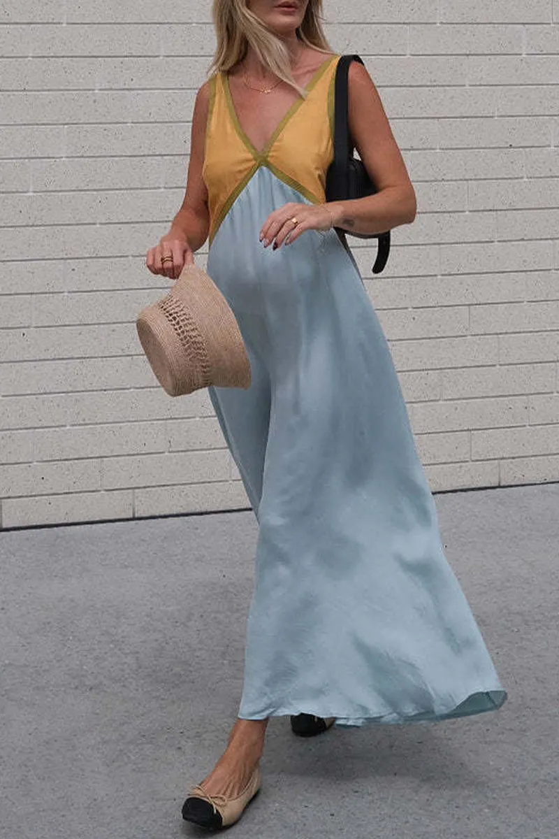 Sexy Color Block Contrast V Neck Sleeveless Dresses