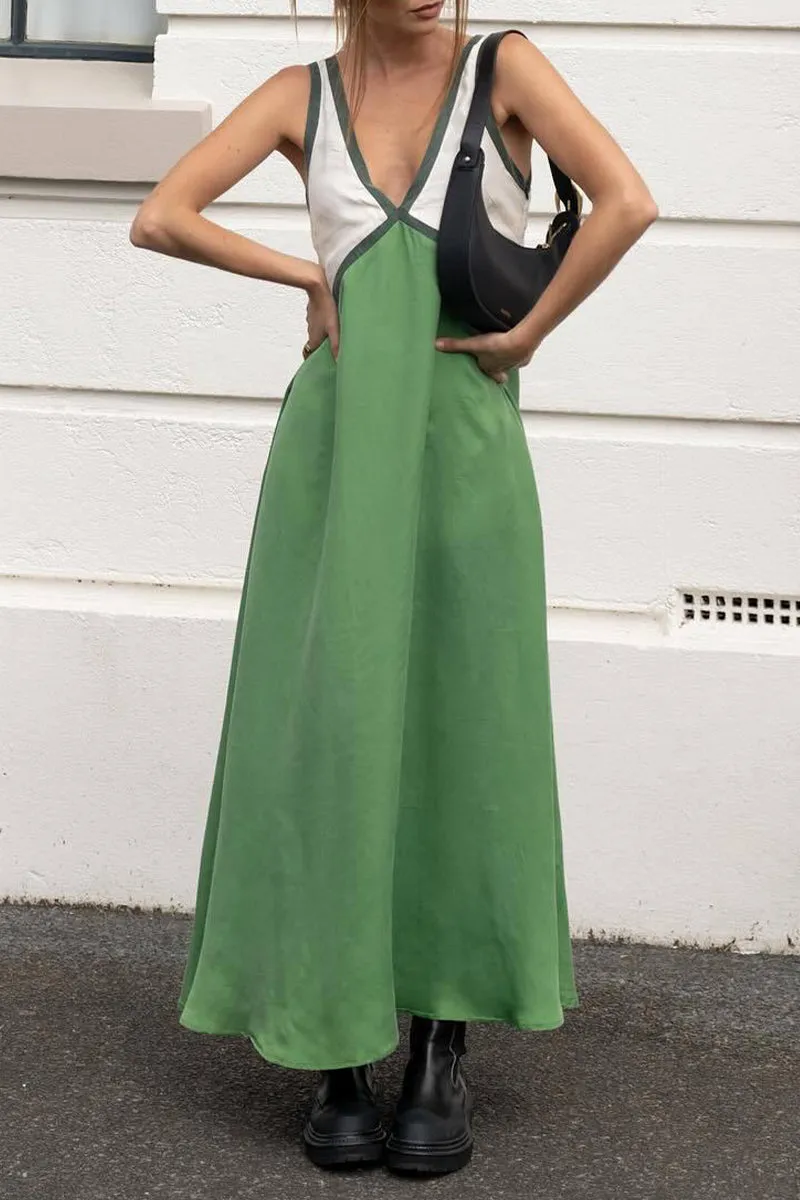 Sexy Color Block Contrast V Neck Sleeveless Dresses
