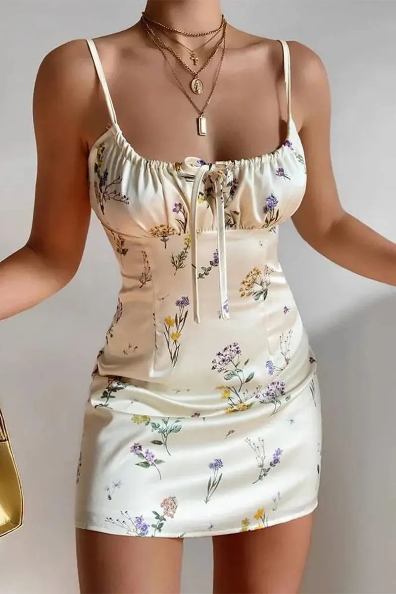 Sexy Floral Frenulum Square Collar Printed Dresses