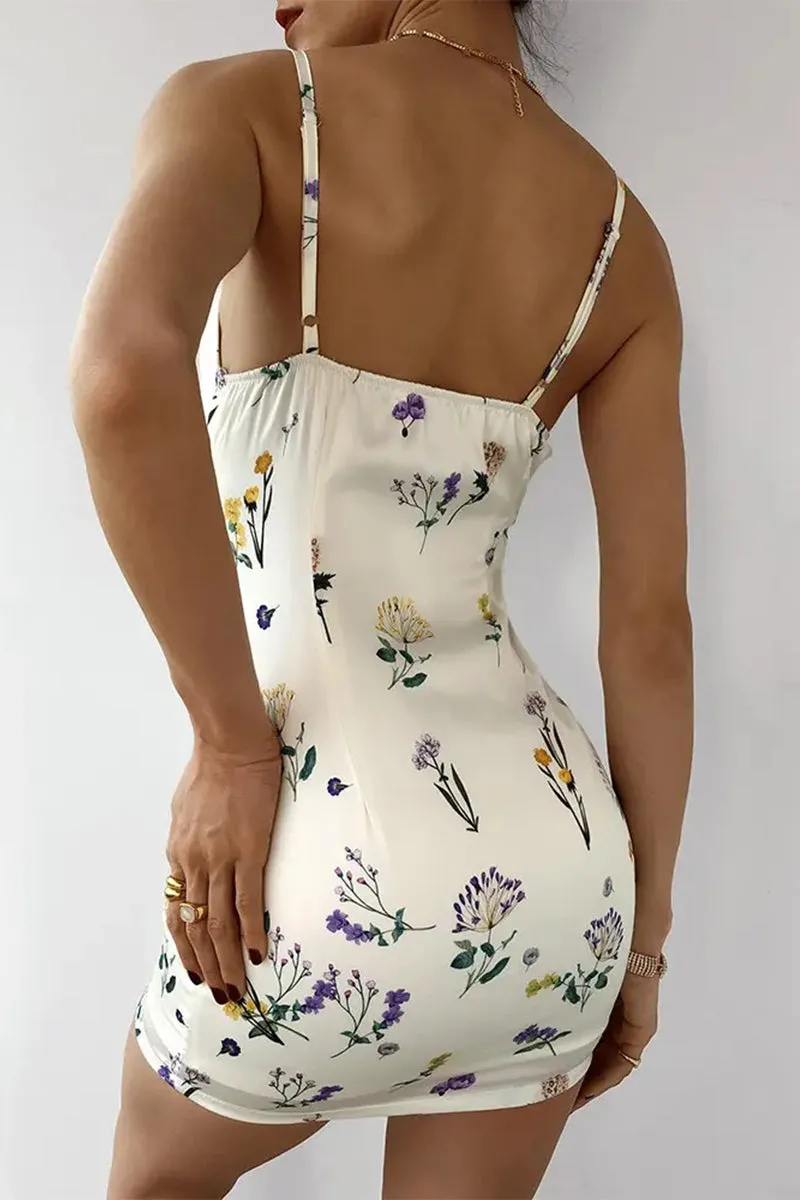 Sexy Floral Frenulum Square Collar Printed Dresses