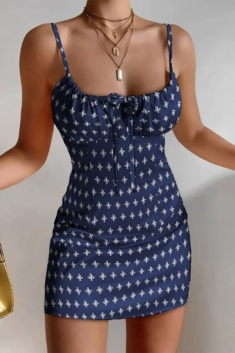 Sexy Floral Frenulum Square Collar Printed Dresses