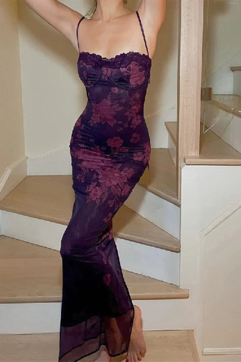 Sexy Flowers Patchwork Backless Strap Design Contrast U Neck One Step Skirt Dresses