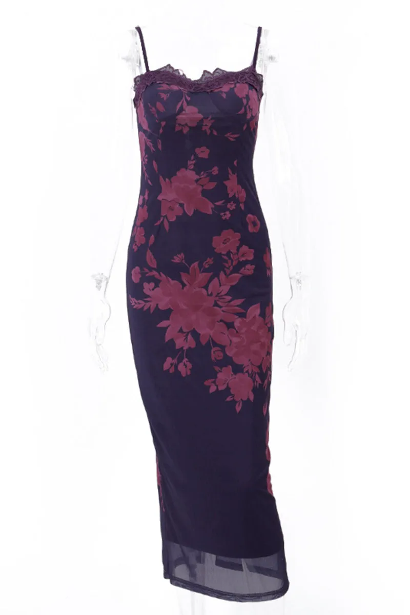 Sexy Flowers Patchwork Backless Strap Design Contrast U Neck One Step Skirt Dresses