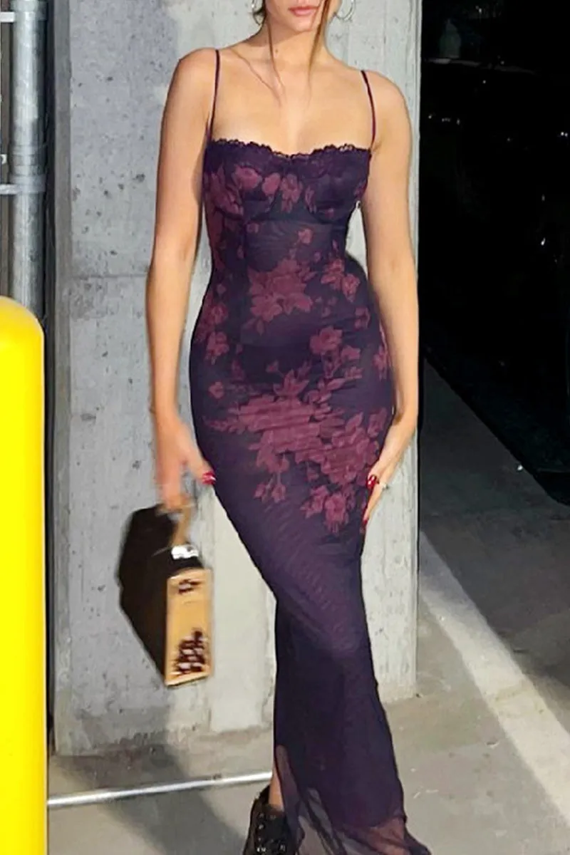 Sexy Flowers Patchwork Backless Strap Design Contrast U Neck One Step Skirt Dresses