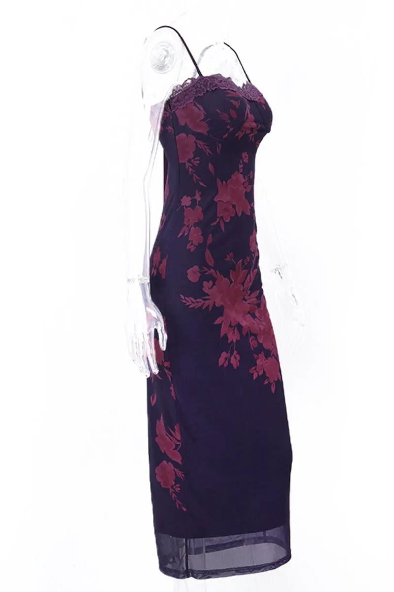Sexy Flowers Patchwork Backless Strap Design Contrast U Neck One Step Skirt Dresses