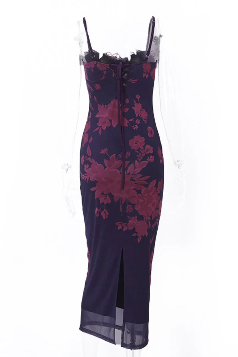 Sexy Flowers Patchwork Backless Strap Design Contrast U Neck One Step Skirt Dresses