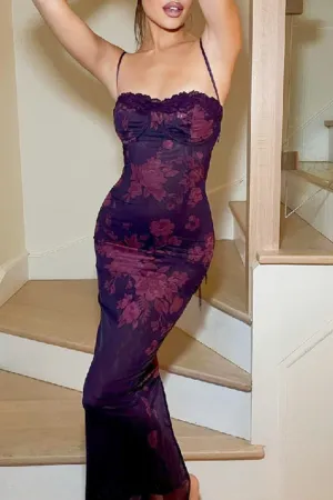 Sexy Flowers Patchwork Backless Strap Design Contrast U Neck One Step Skirt Dresses