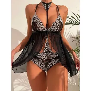 Sexy Lace Halter Choker Babydoll Lace Black Lingerie Set with Thong