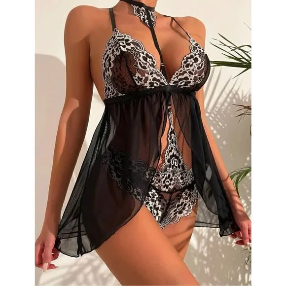Sexy Lace Halter Choker Babydoll Lace Black Lingerie Set with Thong