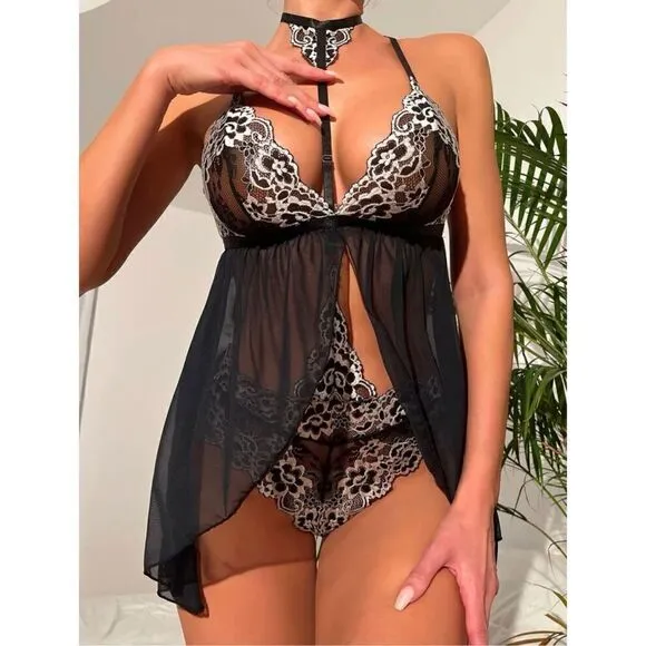 Sexy Lace Halter Choker Babydoll Lace Black Lingerie Set with Thong