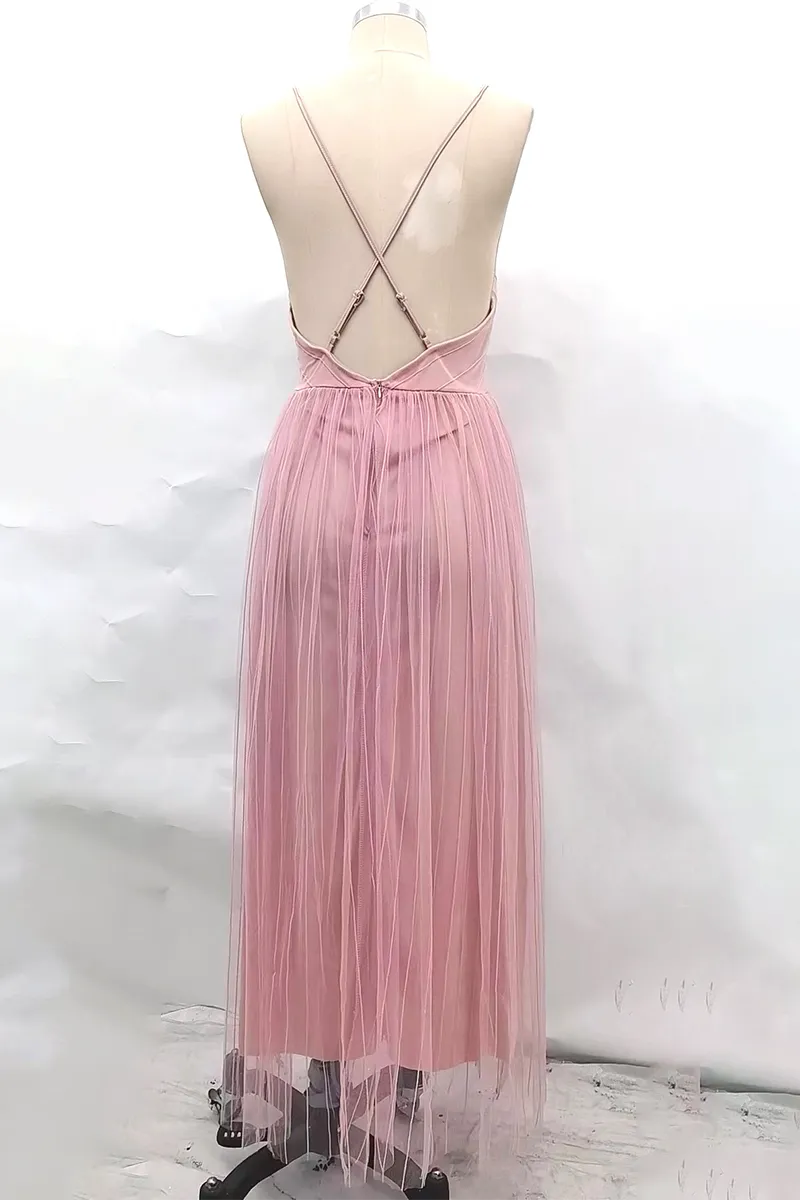 Sexy Solid Color Backless Mesh V Neck Evening Dresses
