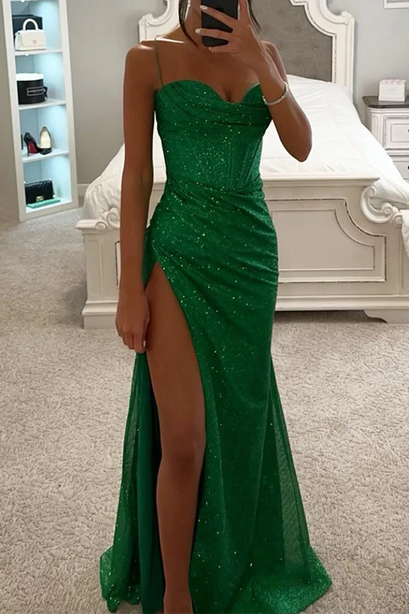 Sexy Solid High Opening Sequined Square Collar Evening Dresses