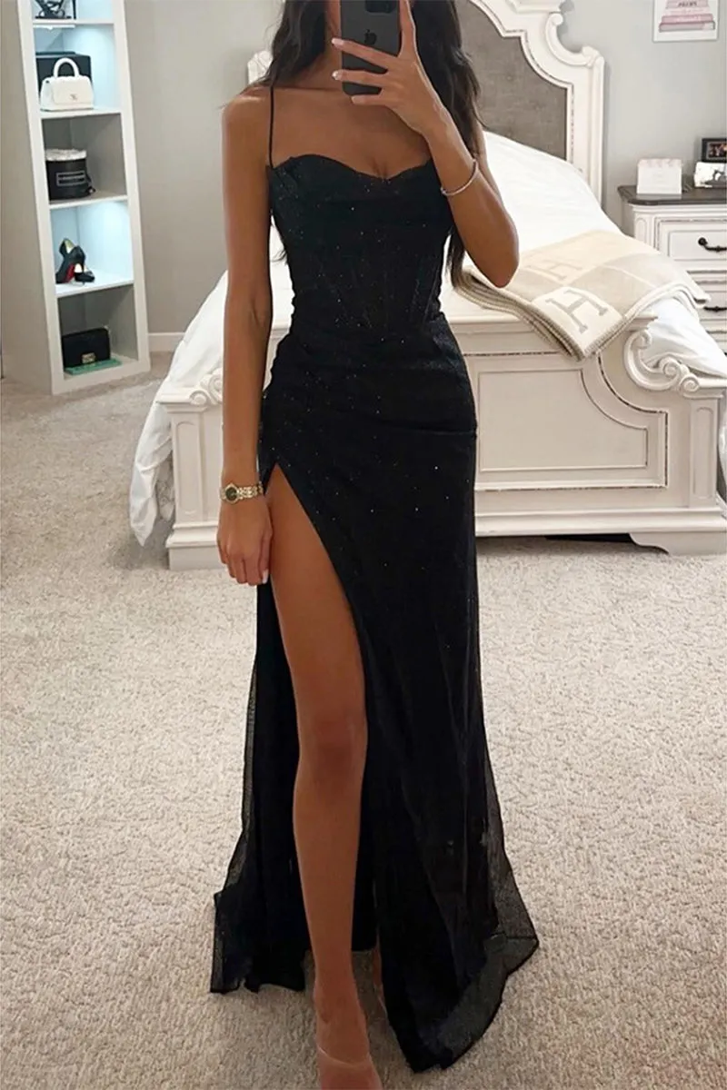 Sexy Solid High Opening Sequined Square Collar Evening Dresses