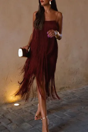 Sexy Vintage Solid Tassel Square Collar Sling Dresses
