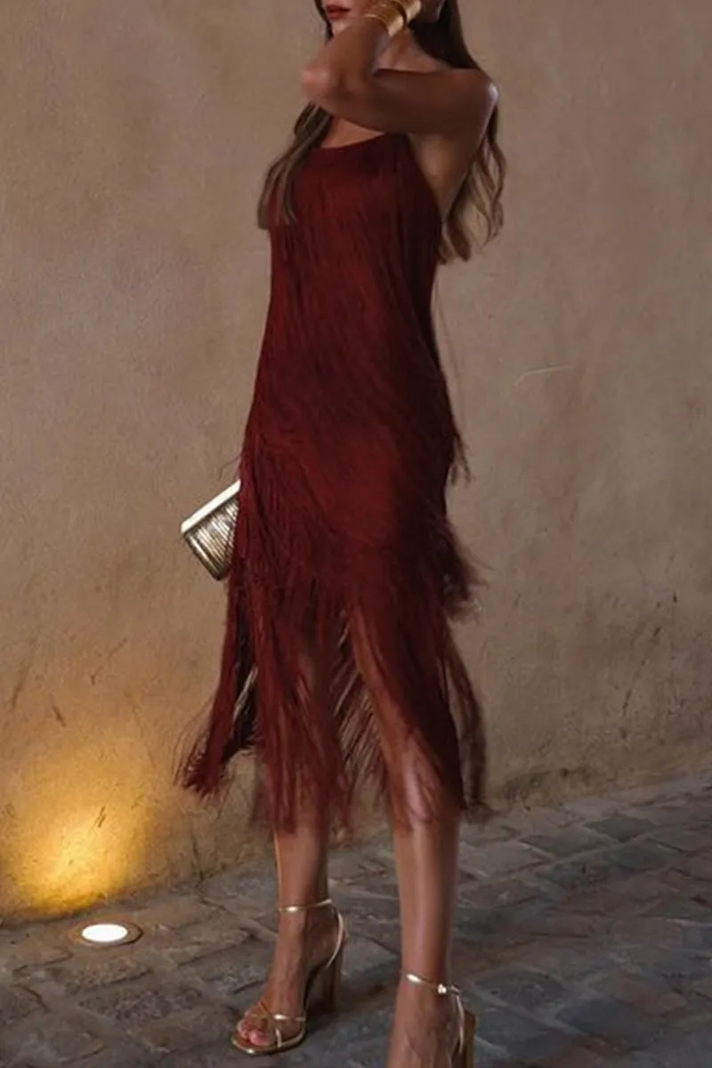 Sexy Vintage Solid Tassel Square Collar Sling Dresses