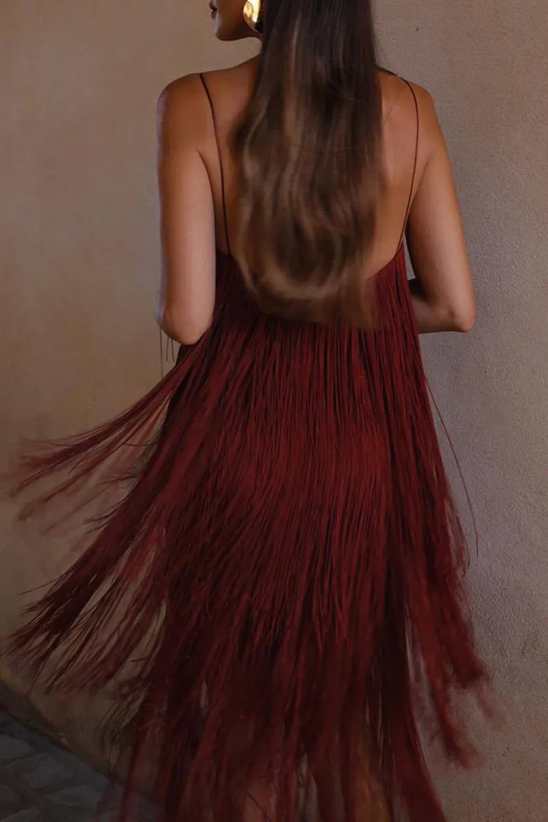 Sexy Vintage Solid Tassel Square Collar Sling Dresses