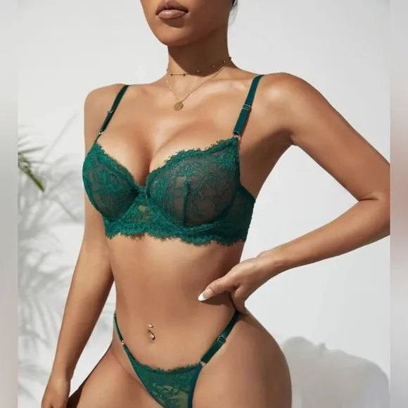 Sexy Floral Lace Lingerie Set Green M 🎁 with gift box