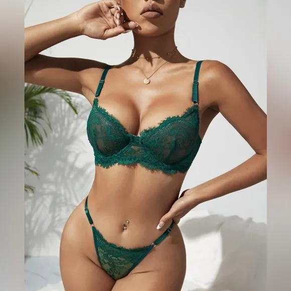 Sexy Floral Lace Lingerie Set Green M 🎁 with gift box