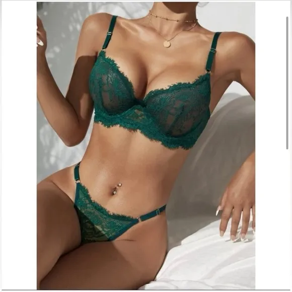 Sexy Floral Lace Lingerie Set Green M 🎁 with gift box