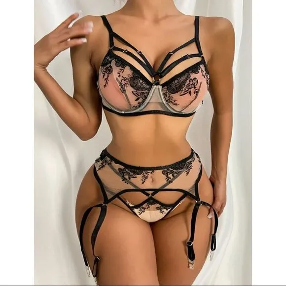 Sexy Sheer Floral Embroidered Lingerie Set