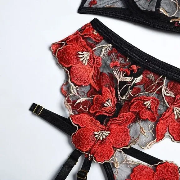 Sexy Sheer Floral Embroidered Lingerie Set