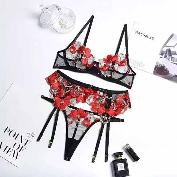 Sexy Sheer Floral Embroidered Lingerie Set