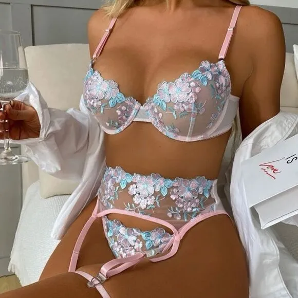 Sexy Sheer Floral Embroidered Lingerie Set