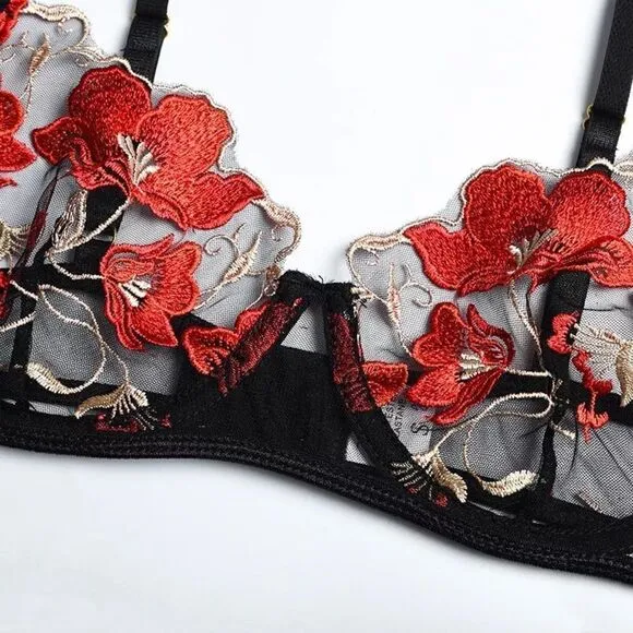 Sexy Sheer Floral Embroidered Lingerie Set