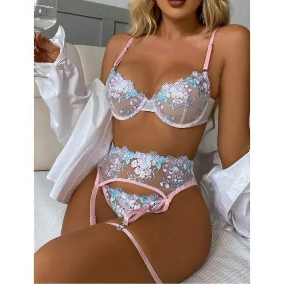 Sexy Sheer Floral Embroidered Lingerie Set