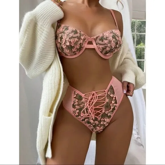 Sexy Sheer Floral High Waisted Lingerie Set