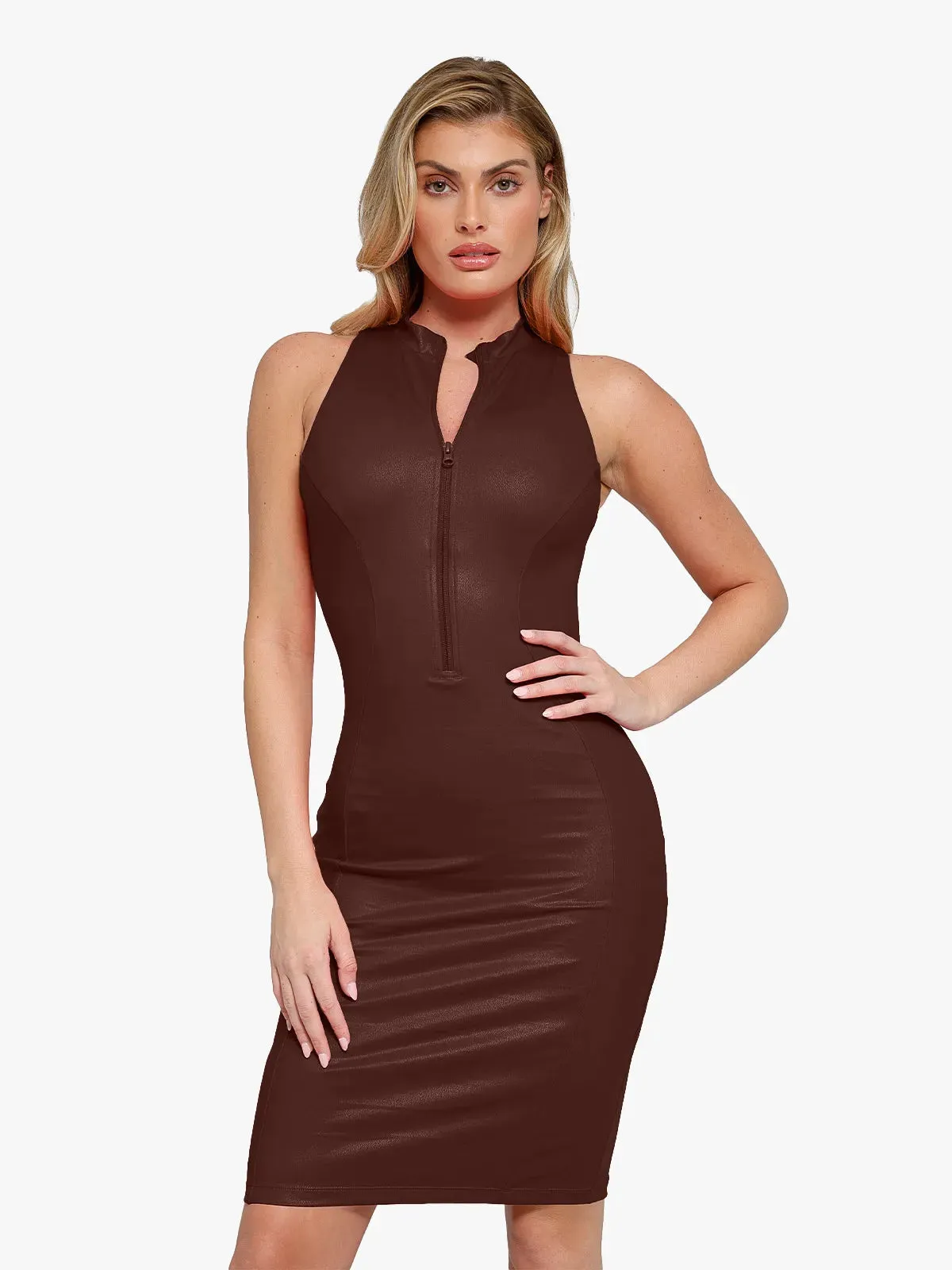Shapewear Sculpting Faux Leather Zip Front Midi Dress
