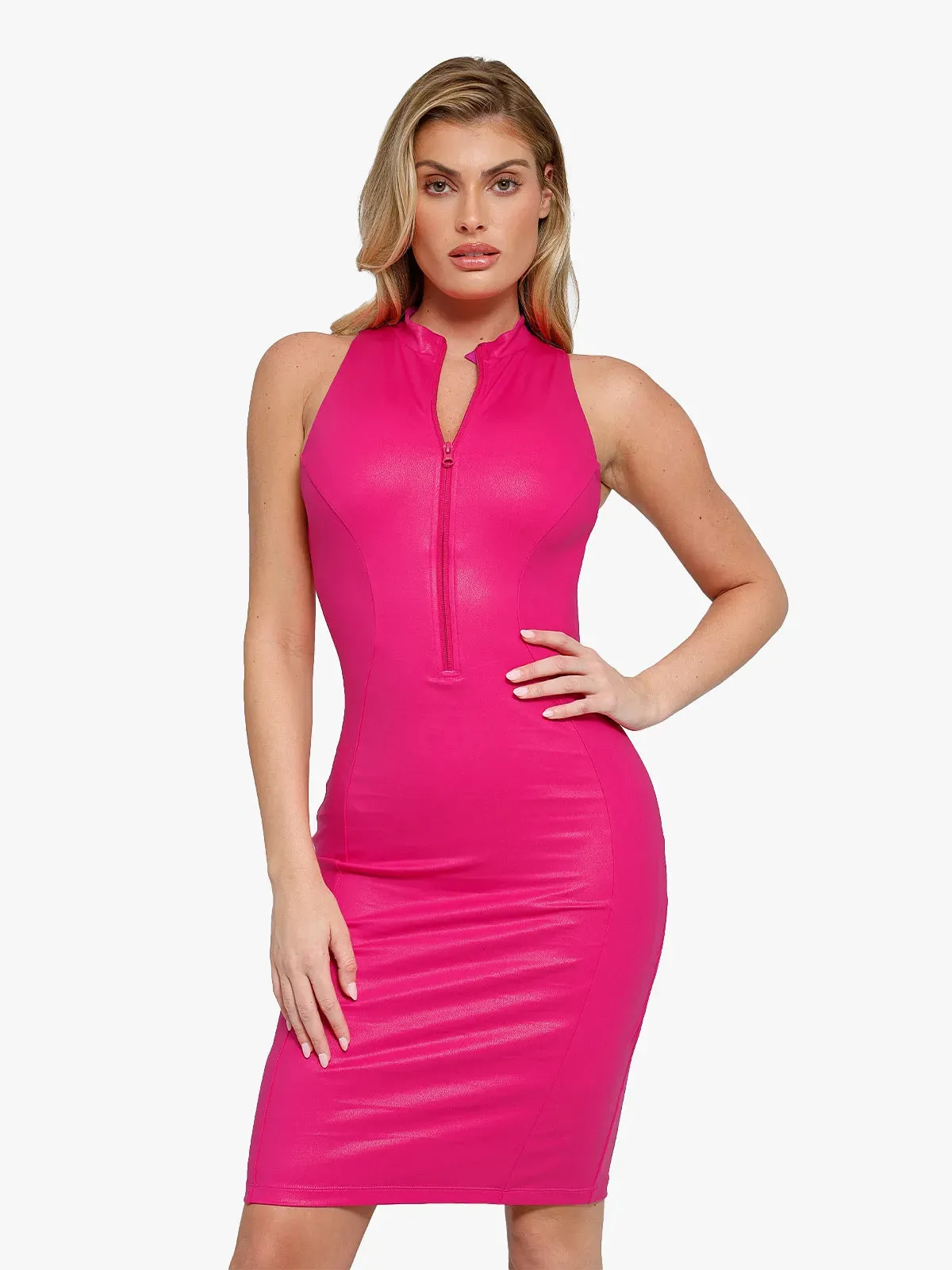 Shapewear Sculpting Faux Leather Zip Front Midi Dress