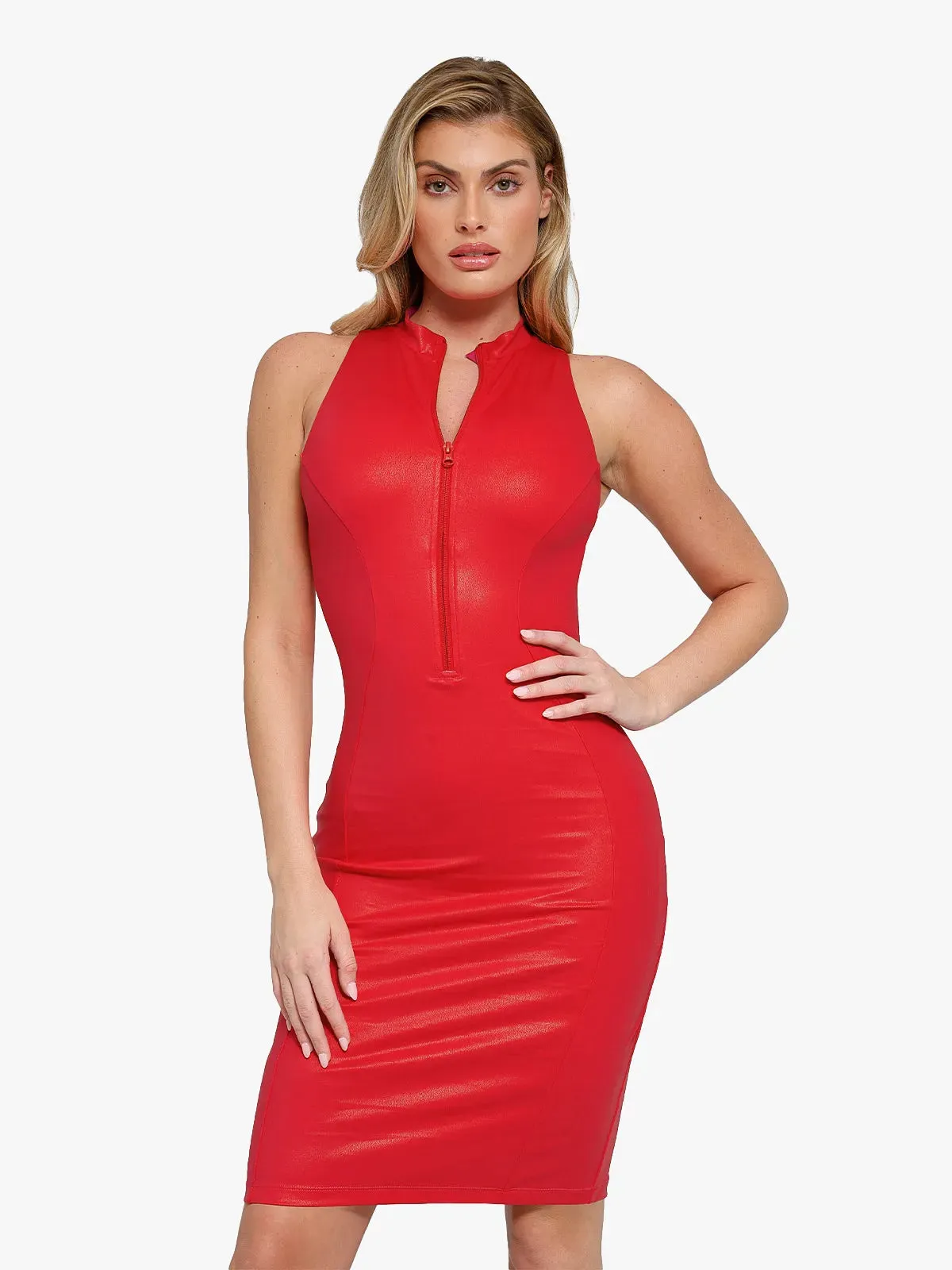 Shapewear Sculpting Faux Leather Zip Front Midi Dress