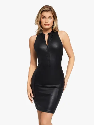Shapewear Sculpting Faux Leather Zip Front Midi Dress