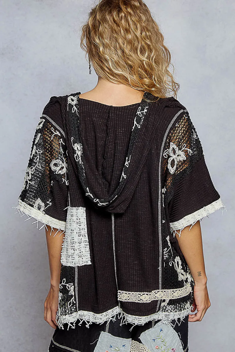 Silvana Loose Fit Hoodie with Lace Detail-Black