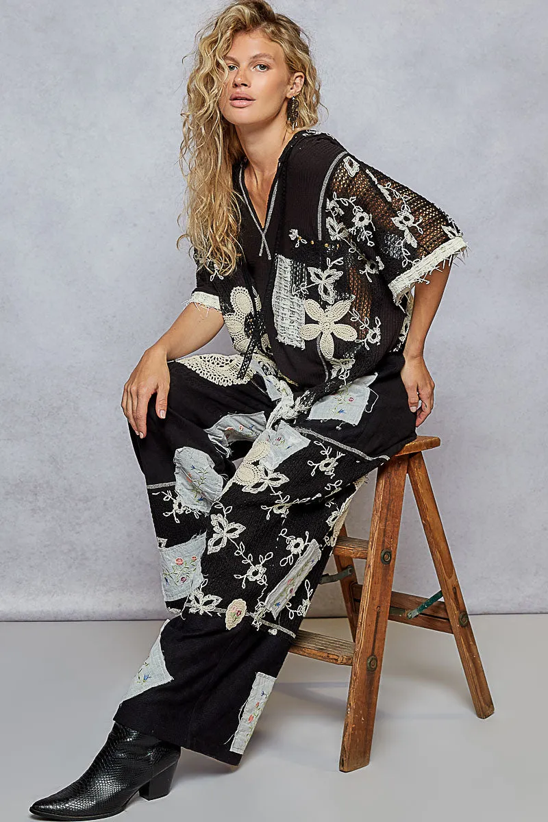 Silvana Loose Fit Hoodie with Lace Detail-Black