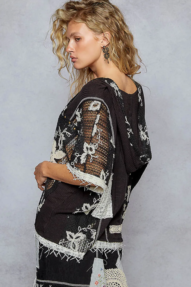 Silvana Loose Fit Hoodie with Lace Detail-Black
