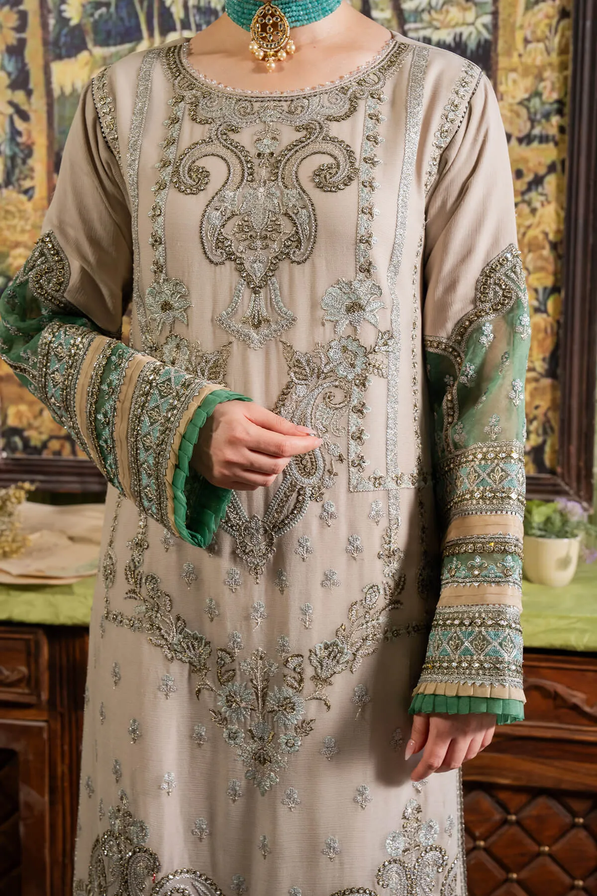 Silver Shade Heavily Embroidered Pakistani Salwar Kameez Dupatta