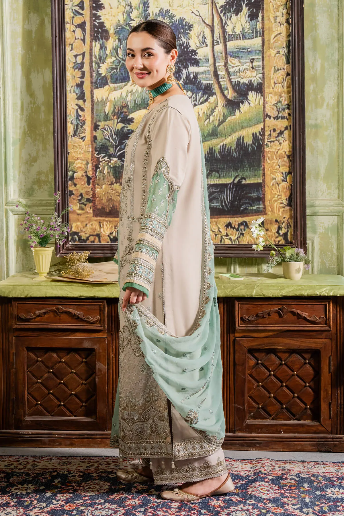 Silver Shade Heavily Embroidered Pakistani Salwar Kameez Dupatta