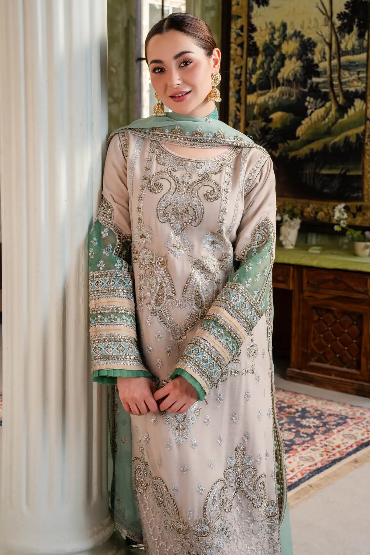 Silver Shade Heavily Embroidered Pakistani Salwar Kameez Dupatta