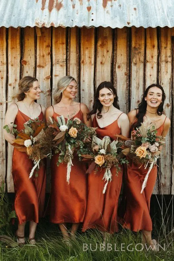 Simple Burnt Orange Satin Long Custom Spaghetti Straps Bridesmaid Dresses, BGB0087