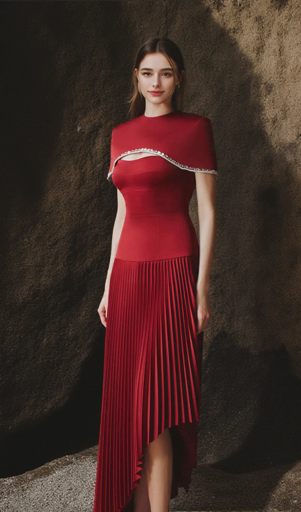 Spaghetti Strap Asymmetric Pleated midi Dress in red