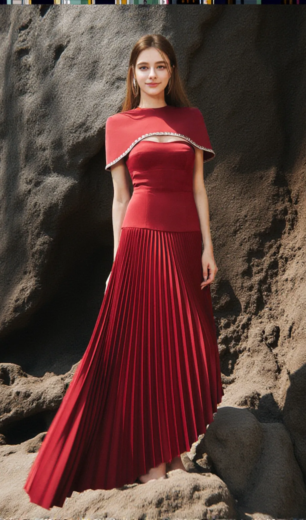 Spaghetti Strap Asymmetric Pleated midi Dress in red